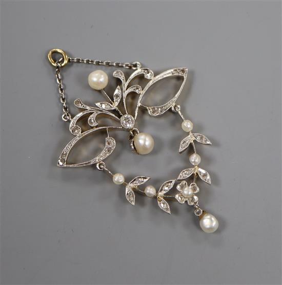 An Edwardian yellow metal, diamond and drop pearl openwork pendant, 42mm.